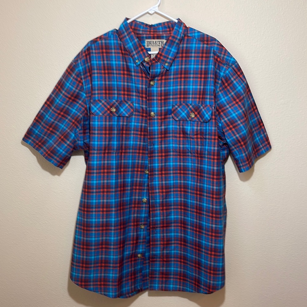 Mens Duluth XL Tall button down. Dark/light teal w/ orange/red plaid. Looks new!
